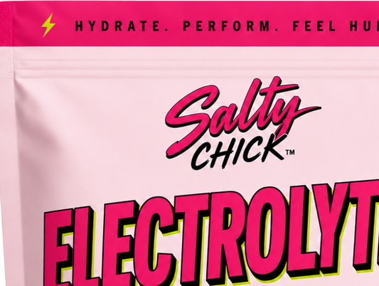 Salty Chick electrolyte pouch on a counter, 30 sticks for daily hydration