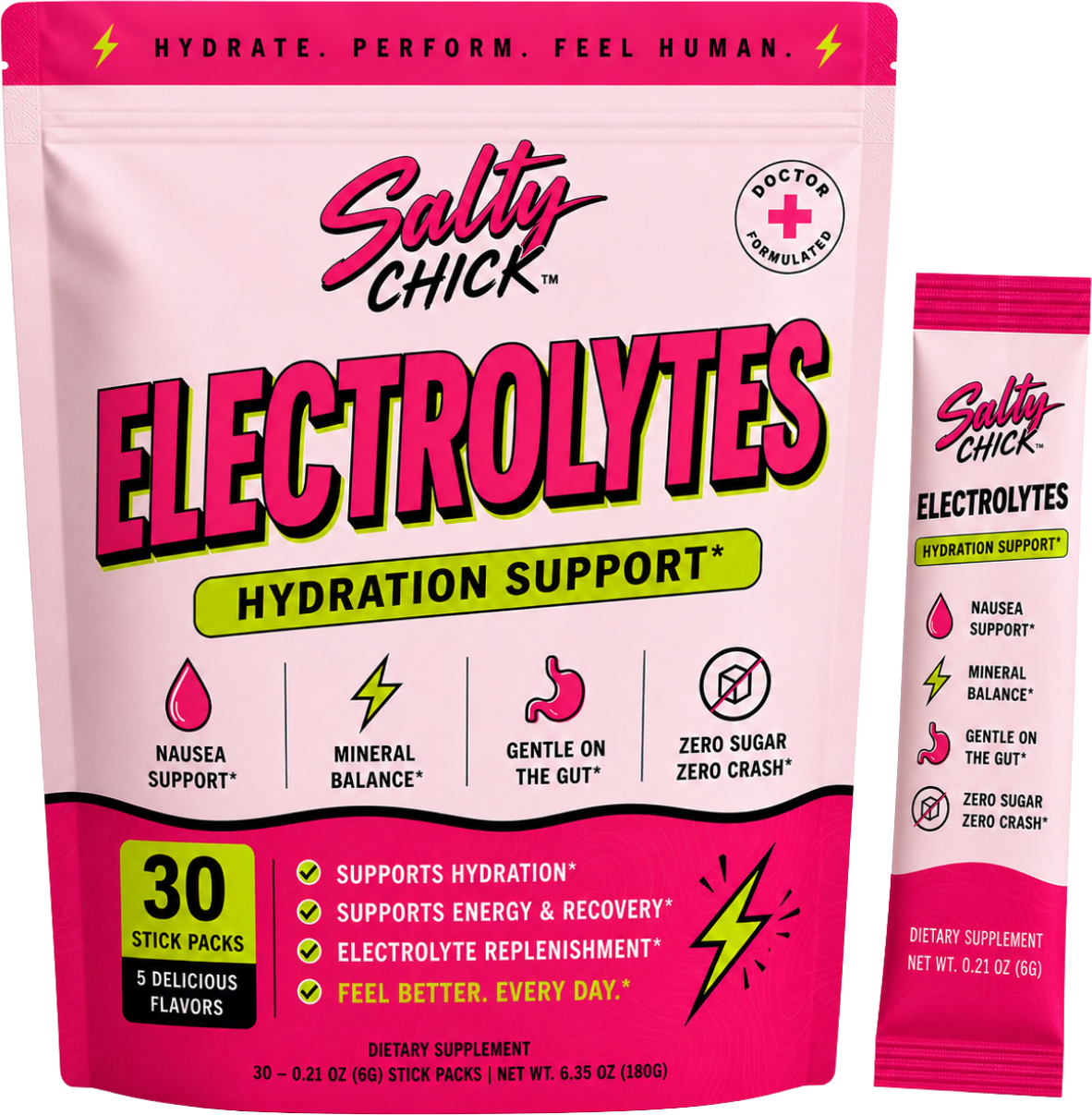 Salty Chick electrolyte pouch and single stick for women on a GLP-1
