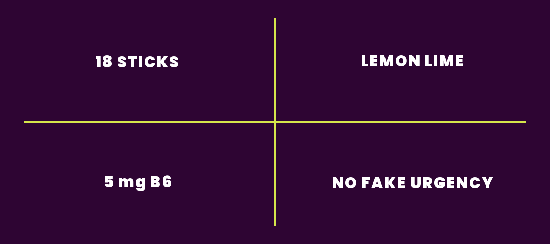 18 sticks, Lemon Lime, 5 mg B6, no fake urgency